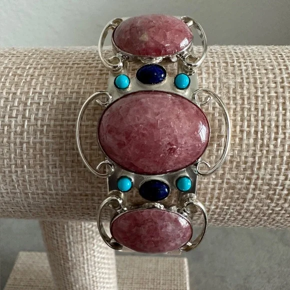 Rhodochrosite with small turquoise & lapis accents sterling silver cuff - Picture 3 of 10